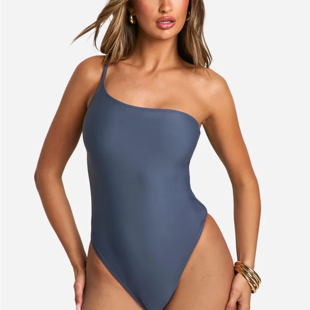 Boohoo Blue Asymmetrical One-Piece Swimsuit#44